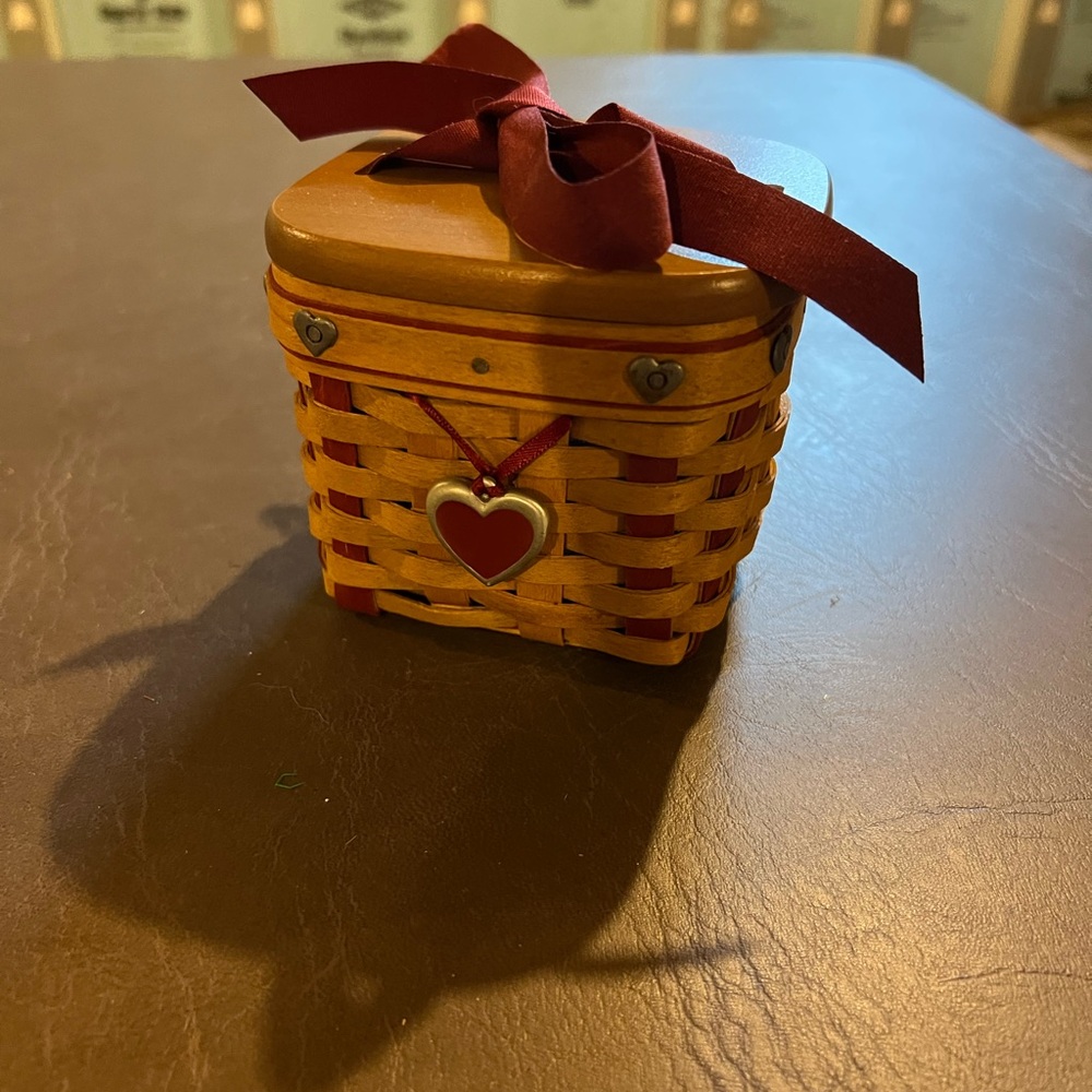 Longaberger Basket with Heart Charm and Red Ribbon